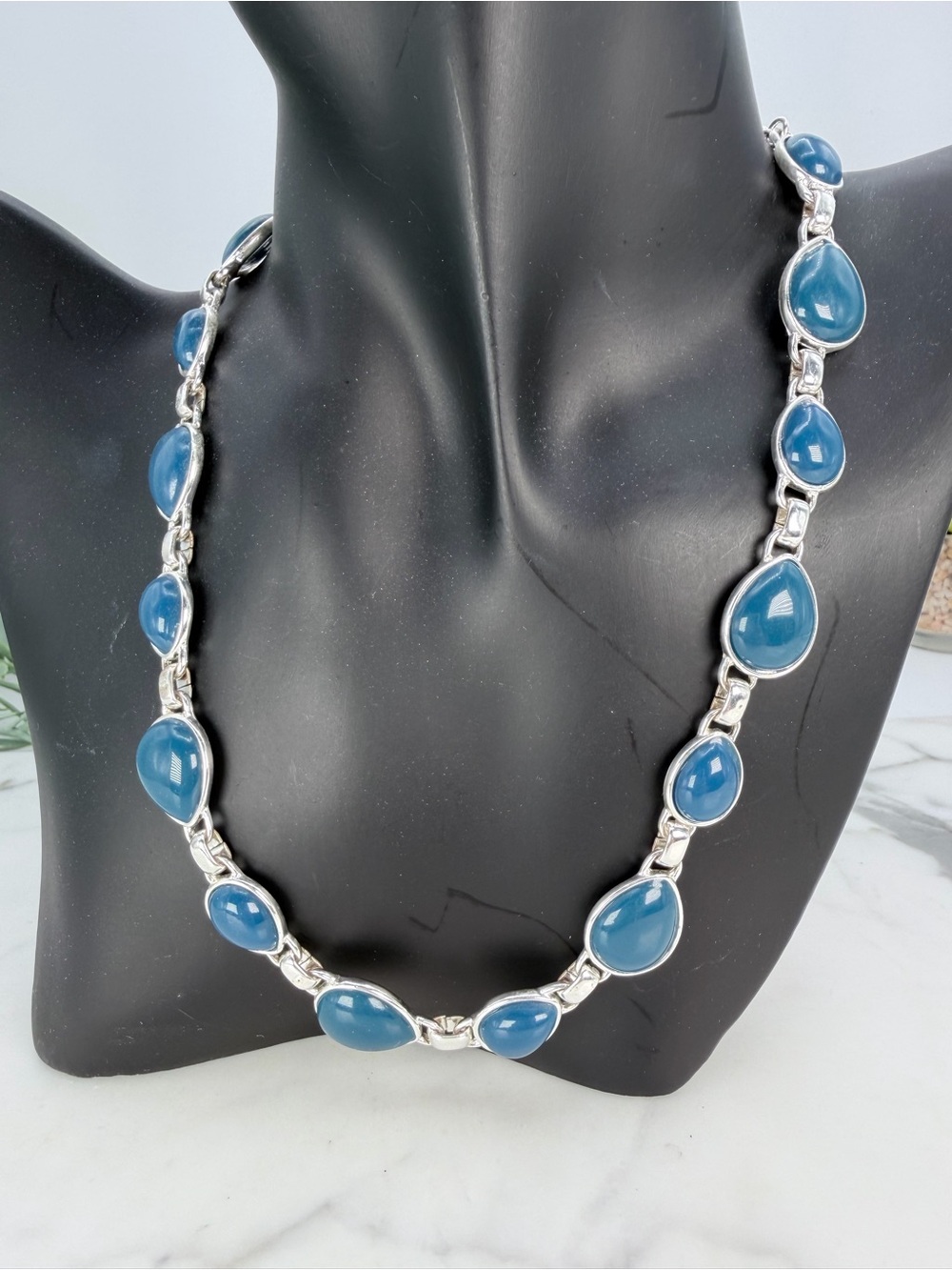 Napier Teal Blue Cabochon Necklace Signed Silver-tone Collar 18” Adjustable